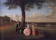 Arthur Devis Henry Fiennes Clinton,9th Earl of Lincoln,with his wife,Catherine and his son,George,on the great terrace at Oatlands oil painting